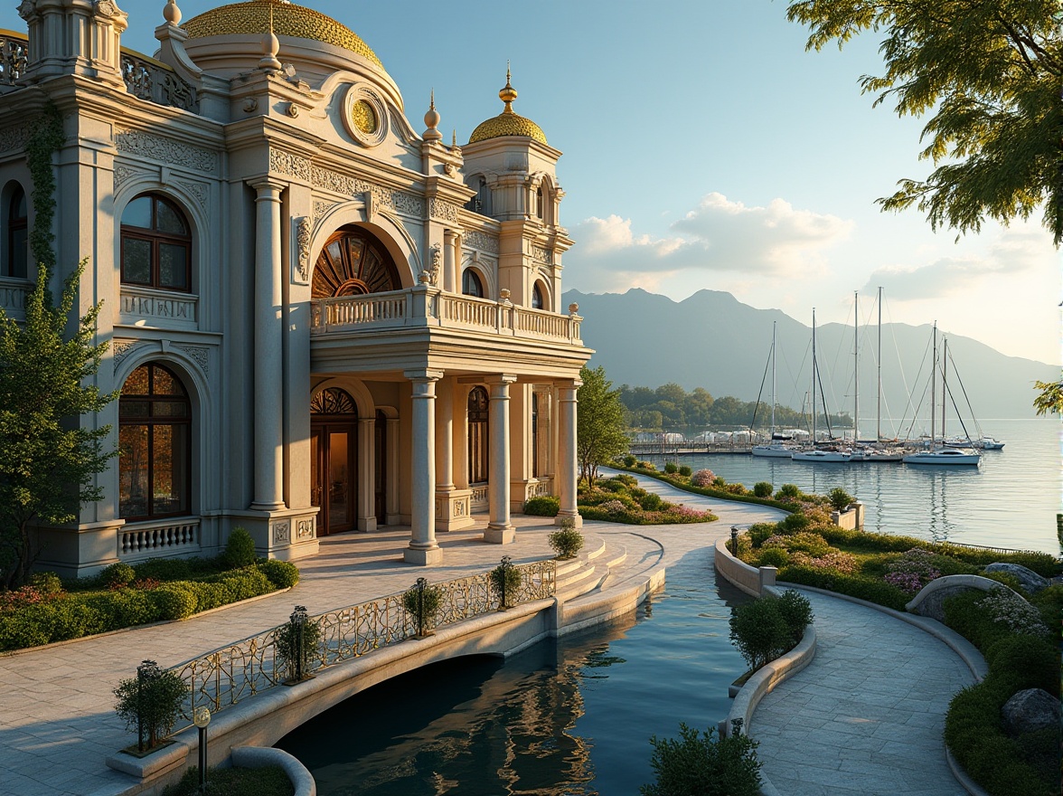 Prompt: Lakefront office building, Byzantine architecture influence, grandiose entrance, golden domes, intricate stone carvings, stained glass windows, ornate balconies, white marble columns, lush greenery surrounding, serene lake water reflecting the building, sailboats and yachts docked nearby, warm afternoon sunlight casting long shadows, distant mountains in the background, panoramic view, dramatic low-angle shot, cinematic composition, realistic textures, high dynamic range.