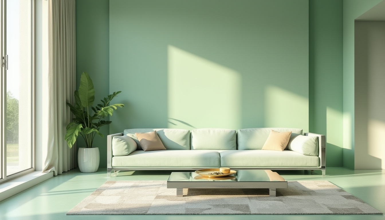 Prompt: Pale green color scheme, minimalist modern interior design, spacious living room, sleek low-profile sofa, pale green velvet upholstery, matching pale green accent walls, polished chrome coffee table, geometric patterned area rug, floor-to-ceiling windows, natural light pouring in, subtle shadows, 3/4 composition, soft focus background, warm and calming ambiance.