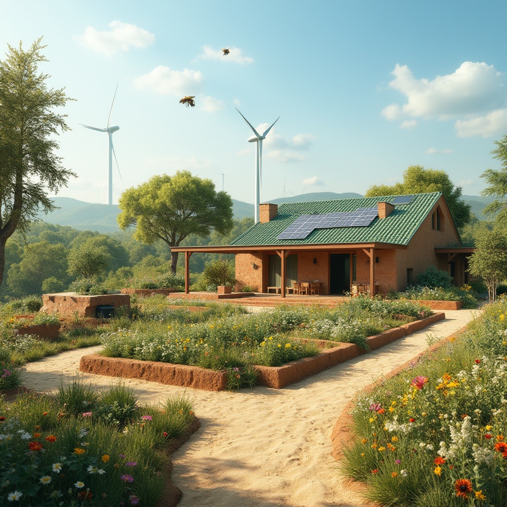 Prompt: Rammed earth wall, sustainable design, natural material, eco-friendly, earthy tone, rough texture, rustic architecture, modern villa, green roof, solar panels, wind turbines, recycling symbol, compost bin, organic garden, blooming wildflowers, bees flying around, sunny day, clear blue sky, panoramic view, 3/4 composition, warm lighting.