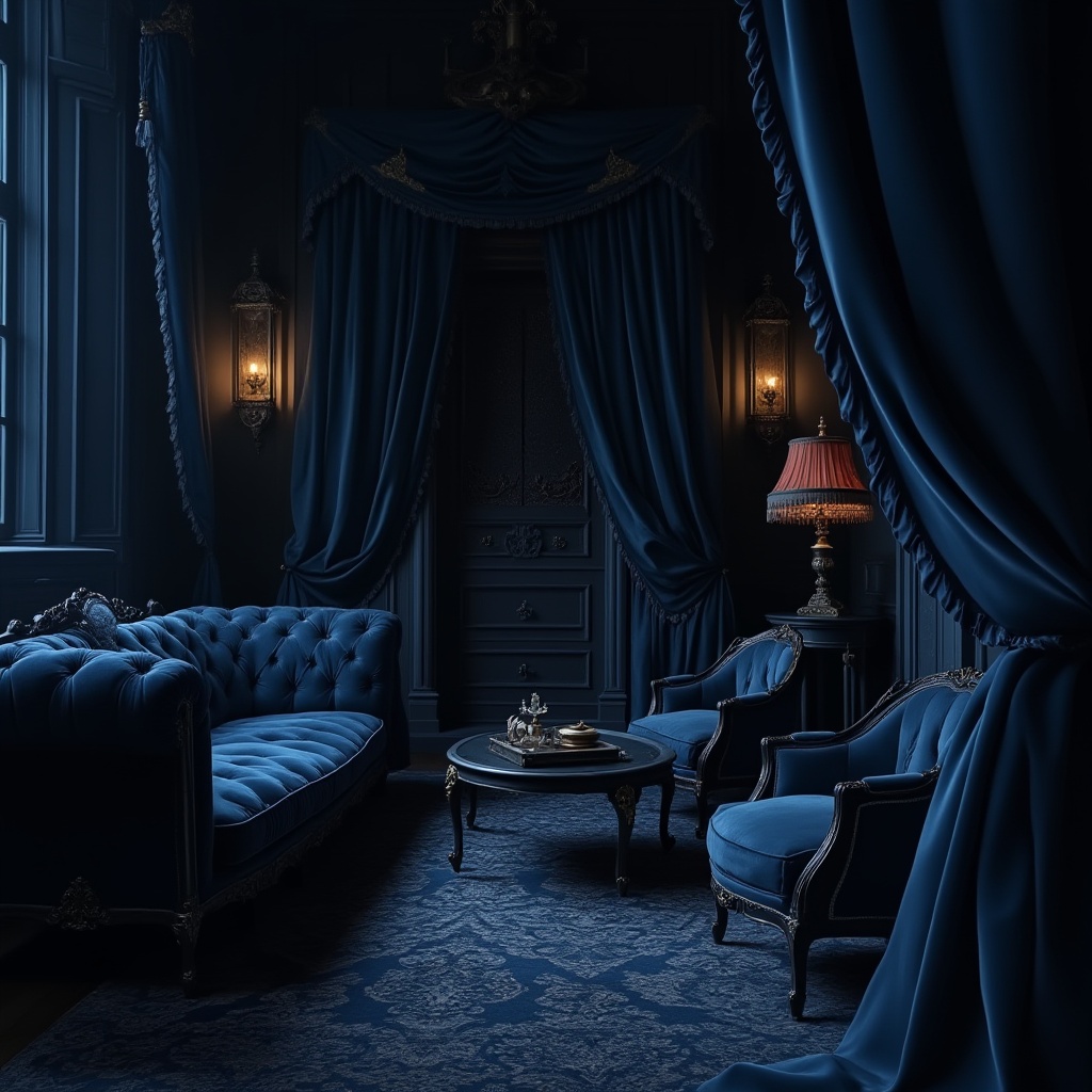 Prompt: Prussian blue, elegant, luxurious, mysterious atmosphere, dark tone, Victorian-era inspired interior, heavy drapery, ornate furniture, intricate patterns, lavish decorations, velvet fabric, antique objects, dim soft lighting, warm candlelight, subtle shadows, 3/4 composition, close-up of details, rich textures, Baroque architecture, Gothic elements.