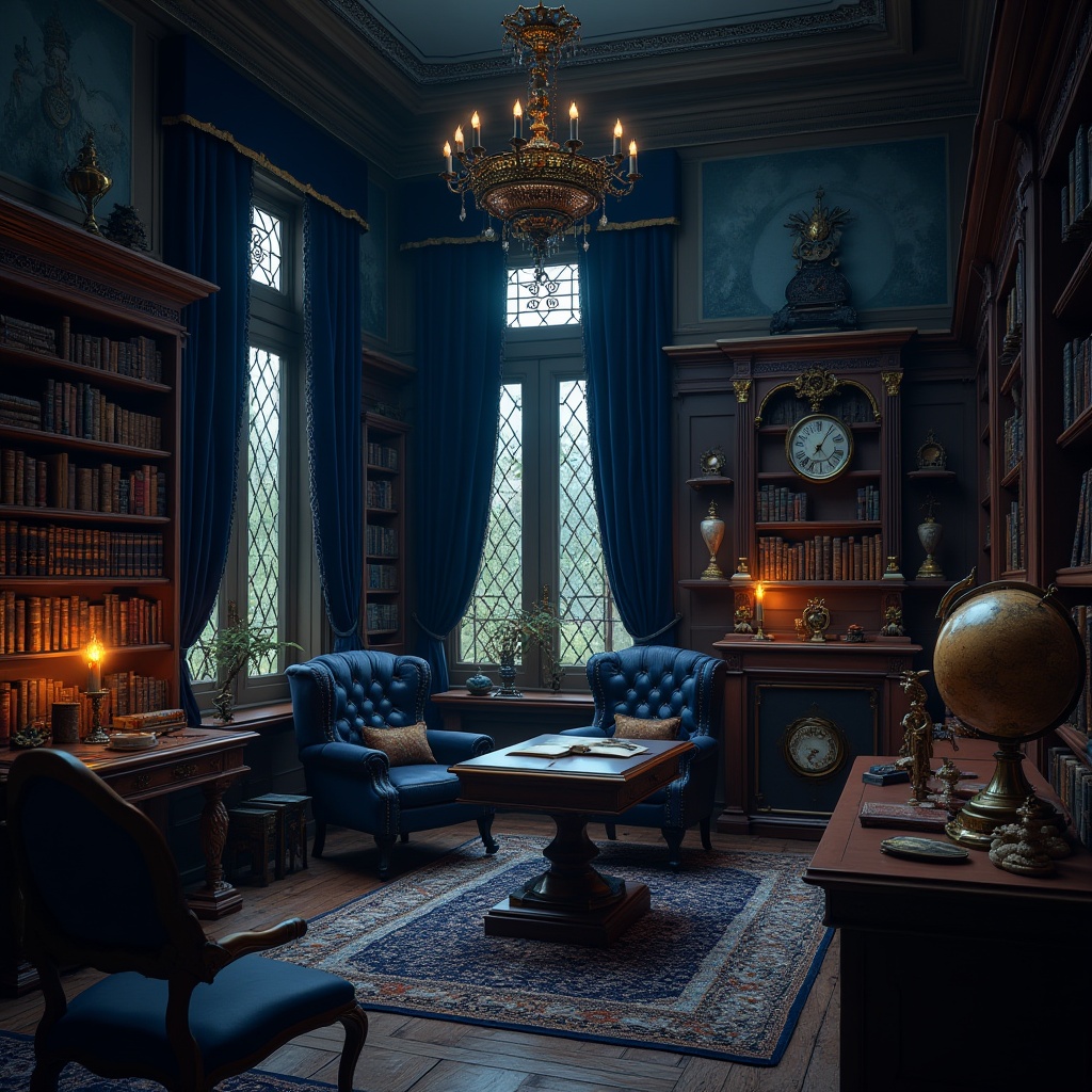 Prompt: Dark academia, mysterious atmosphere, Prussian blue accents, ornate old books, leather-bound tomes, dimly lit study room, wooden shelves, vintage globes, antique clocks, intricate patterns, rich velvet fabrics, luxurious curtains, heavy drapery, ornate picture frames, Baroque-style furniture, mystical symbols etched on walls, soft box lighting, warm candlelight, 3/4 composition, shallow depth of field.