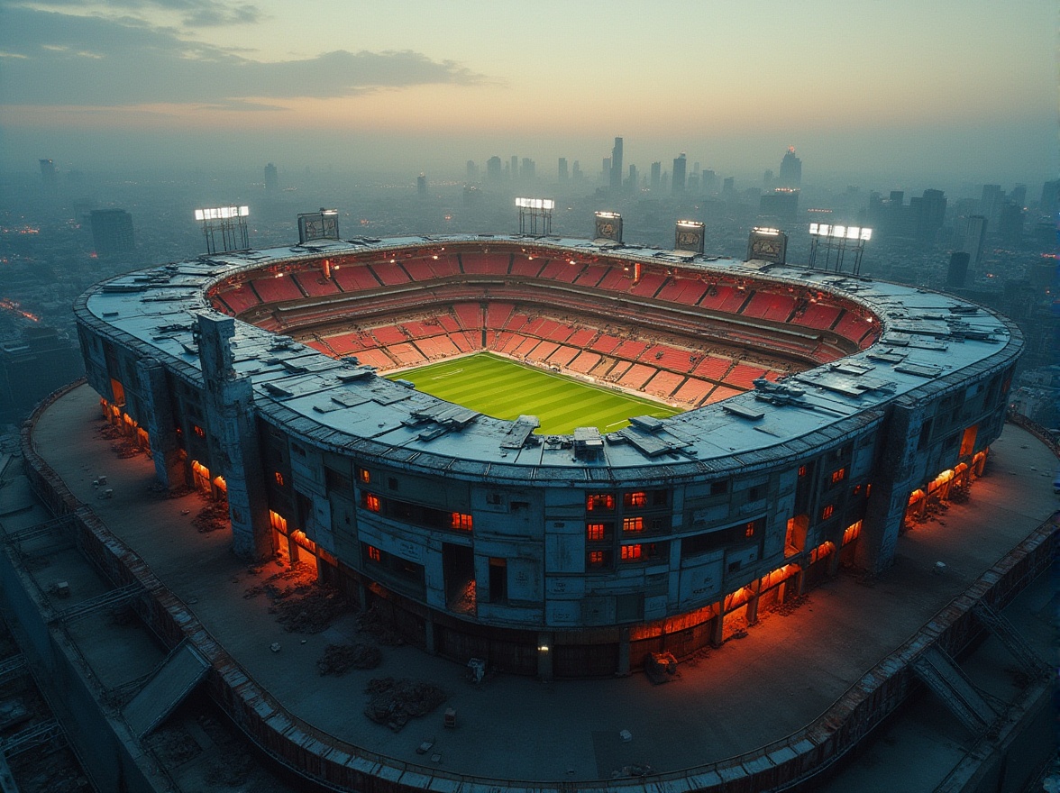 Prompt: Deconstructivist football stadium, postmodern architecture, fragmented forms, irregular shapes, bold color schemes, neon lights, complex structure, intricate details, futuristic atmosphere, dynamic angles, low-angle shot, dramatic lighting, foggy misty background, abandoned industrial feel, rusty metal beams, worn concrete walls, urban cityscape, skyscrapers in the distance, evening time, warm golden light, cinematic composition, high contrast.