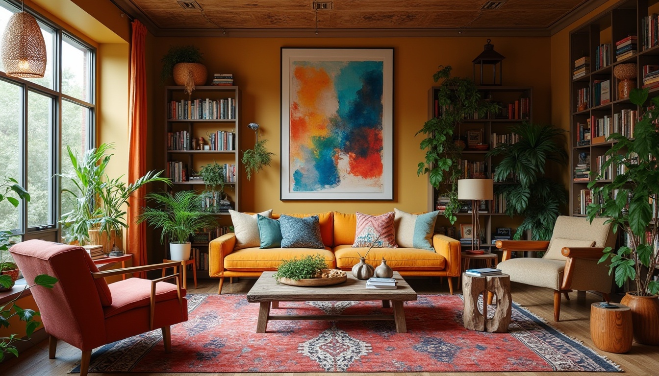 Prompt: Eclectic living room, vibrant color scheme, mismatched furniture, vintage armchair, distressed wood coffee table, bold patterned rug, abstract artwork, floor-to-ceiling bookshelves, industrial metal lamps, lush greenery, exotic plants, woven basket pendant lights, chunky wooden side tables, eclectic decorative objects, warm golden lighting, cozy atmosphere, cinematic composition.