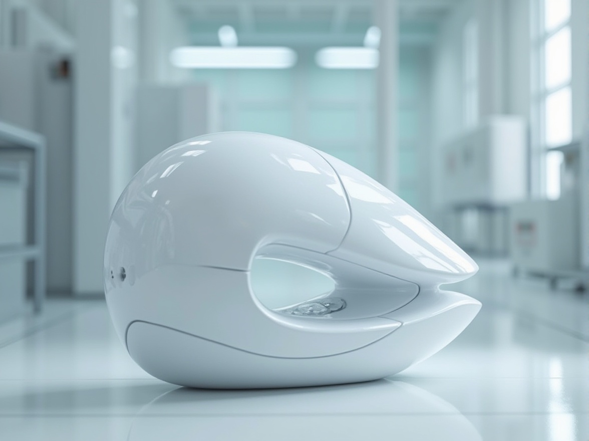 Prompt: Modern product design, polyethylene material, futuristic aesthetic, smooth curved lines, minimalist composition, bright white color, matte texture, subtle reflective surface, angular shapes, ergonomic grip, futuristic laboratory background, industrial lighting, 3/4 composition, shallow depth of field, detailed product rendering, realistic reflection.