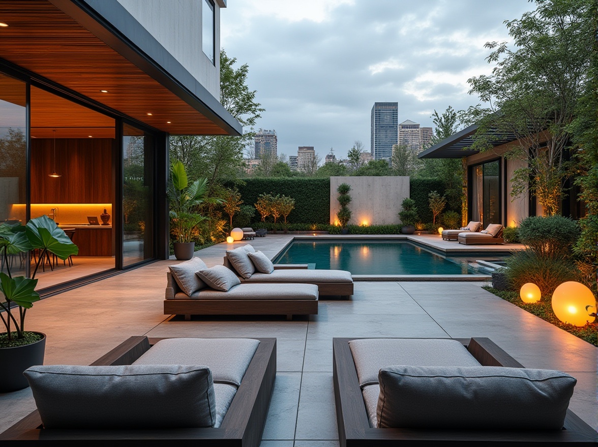 Prompt: Modern outdoor living space, sleek lines, minimalist decor, luxurious patio furniture, low-maintenance plants, geometric-shaped planters, ambient string lights, warm LED floor lamps, natural stone flooring, wooden accents, sliding glass doors, infinity pool, cityscape view, rooftop garden, greenery walls, contemporary sculptures, abstract artwork, bold color scheme, 3/4 composition, soft focus background, cinematic lighting.