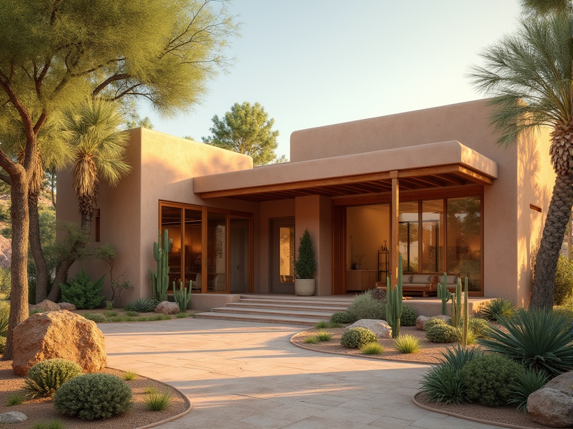 Prompt: Southwestern US, canyon-inspired clinic building, adobe-style walls, earthy brown color, rounded edges, wooden beams, natural stone accents, lush greenery surrounding, tall palm trees, vibrant cacti, arid desert landscape, distant rocky formations, warm golden lighting, soft shadows, serene atmosphere, health and wellness theme, modern medical equipment, sleek lines, minimalist decor, large windows, natural light pouring in, 3/4 composition, panoramic view.