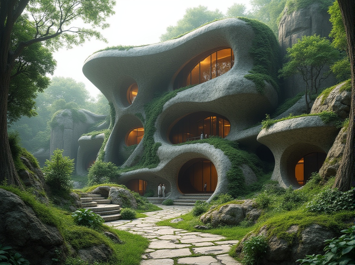 Prompt: Blobitecture building, futuristic architecture, irregular shape, undulating curves, masonry material, rough stone walls, rustic texture, natural light, ambient occlusion, atmospheric perspective, vibrant greenery, overgrown plants, moss covering stones, intricate details, ornate carvings, grand entrance, dramatic lighting, cinematic composition, wide-angle shot, high dynamic range.