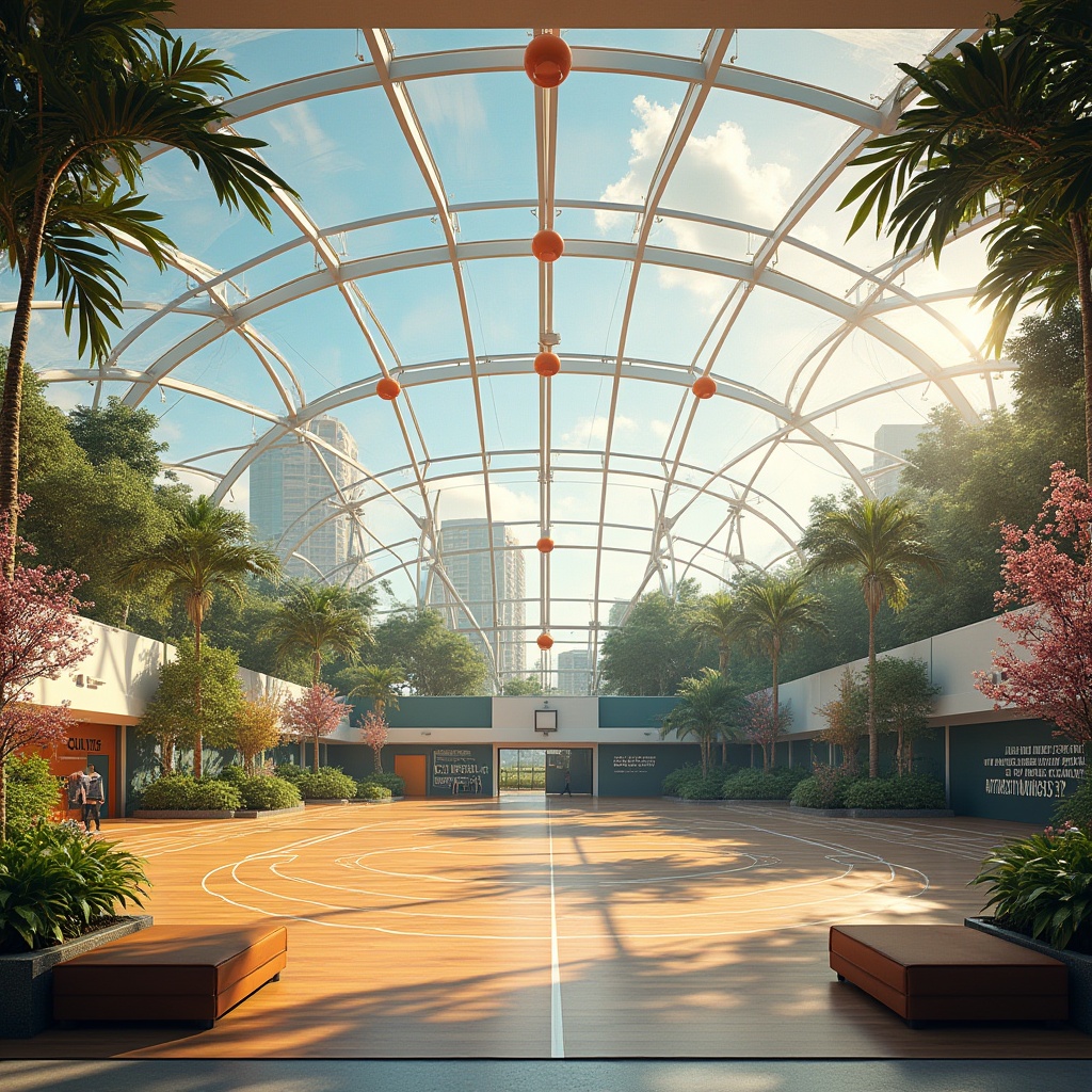 Prompt: Island of inspiration, gymnasium design, futuristic architecture, dome-shaped structure, transparent glass walls, steel frames, vibrant colored accents, natural light pouring in, lush greenery surroundings, palm trees, blooming flowers, wooden flooring, minimalist seating areas, inspirational quotes on walls, motivational murals, athletic tracks, exercise equipment, sporty atmosphere, soft warm lighting, 3/4 composition, panoramic view, cinematic mood, dreamy ambiance.