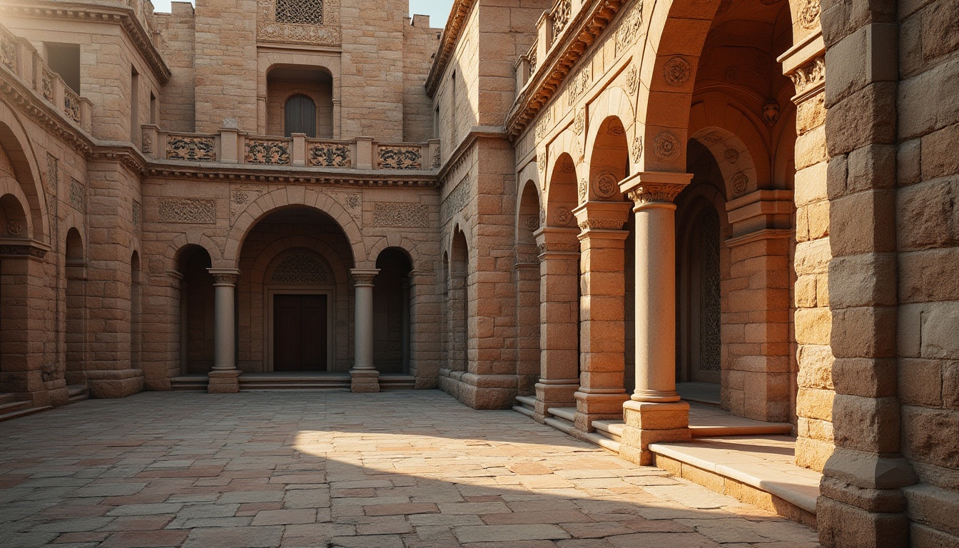 Prompt: Masonry materials, architectural design, building facade, stone walls, brick patterns, concrete blocks, mortar joints, rustic texture, ornate carvings, grand entrance, historic landmark, ancient ruins, sunset lighting, dramatic shadows, low-angle shot, symmetrical composition, warm color palette, earthy tone, natural atmosphere.