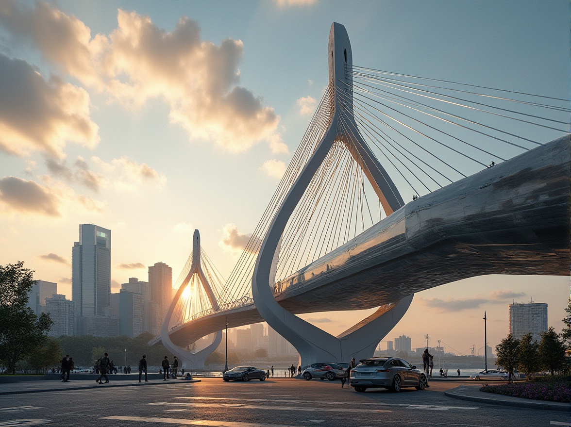 Prompt: Modern suspension bridge, futuristic design, incorporating fabrics, innovative materials, intricate texture, metallic accents, cable-stayed structure, urban cityscape, sunny afternoon, dramatic clouds, warm soft lighting, 3/4 composition, low-angle shot, detailed architectural elements, pedestrian traffic, vibrant city life.