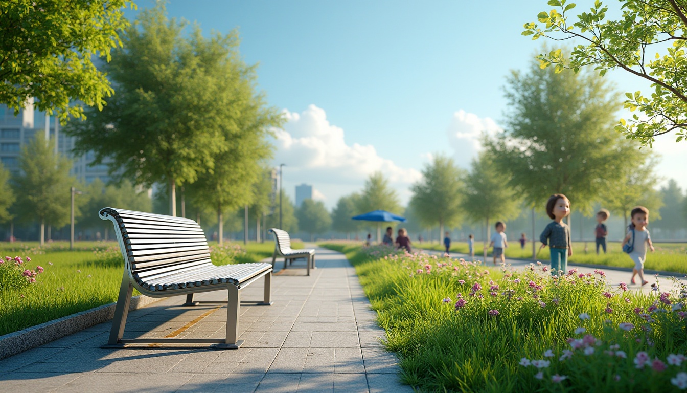 Prompt: Corrugated metal park bench, modern urban park, sunny day, clear blue sky, lush green grass, vibrant flowers, children playing, laughing, corrugated metal texture, silver color, durable material, rust-resistant, low maintenance, curved lines, ergonomic design, comfortable seating, backrest, armrests, integrated trash cans, recycle bins, accessible walkways, wheelchair-friendly, family picnic, outdoor recreation, natural surroundings, birds singing, gentle breeze, warm sunlight, soft focus, shallow depth of field.