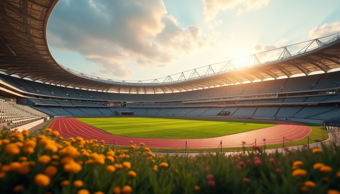 Prompt: Stadium landscape, athletic track, lush green grass, vibrant flowers, modern architecture, sleek curves, angular lines, grandstand seating, tiered structure, cantilever roof, transparent glass, steel beams, evening atmosphere, warm golden light, dramatic shadows, panoramic view, 3/4 composition, soft focus background, high-angle shot, dynamic movement, blurred figures in the distance, realistic rendering, detailed textures.