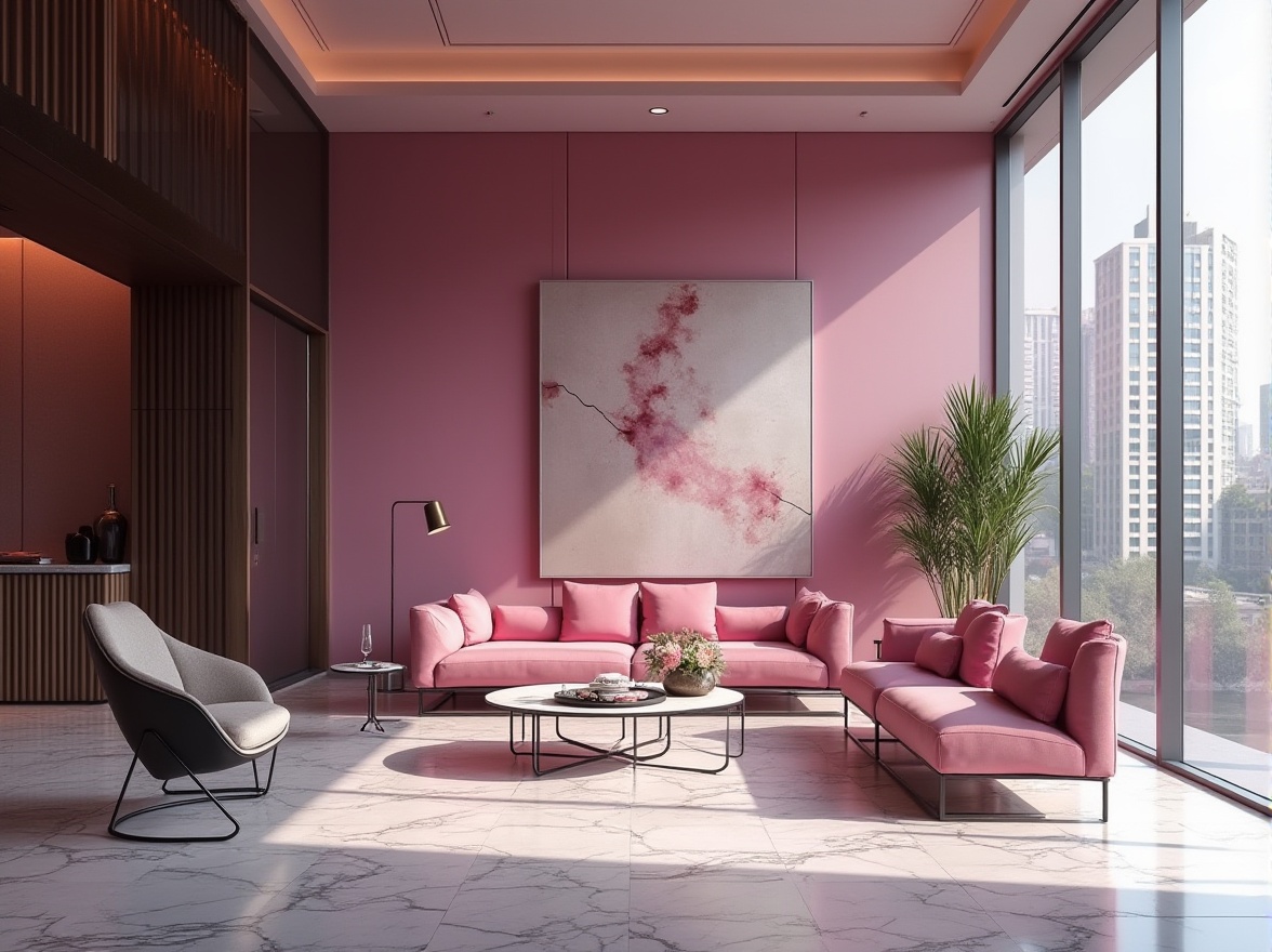 Prompt: Modernism style interior, luxurious ambiance, orchid color accent wall, sleek lines, minimalist decor, marble floor, geometric shapes, avant-garde furniture, metallic legs, velvet cushions, abstract artwork, floor-to-ceiling windows, urban skyline view, 3/4 composition, high contrast lighting, cinematic mood, shallow depth of field, warm and inviting atmosphere.