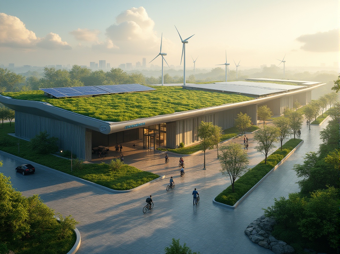 Prompt: Sustainable transportation hub, futuristic, eco-friendly, green roof, solar panels, wind turbines, electric vehicle charging stations, bicycle racks, pedestrian-friendly walkways, lush greenery, rain gardens, natural stone walls, modern angular architecture, large glass windows, steel beams, urban planning, suburban landscape, morning mist, soft warm lighting, 3/4 composition, shallow depth of field, vibrant colors.