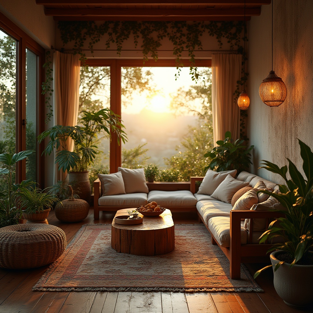 Prompt: Cozy living room, natural organic design, earthy tones, wooden furniture, woven baskets, potted plants, vines crawling up walls, large windows, panoramic view, sunset lighting, warm ambiance, comfortable seating area, plush couch, soft cushions, Moroccan tiles, rustic wooden coffee table, pendant lamp, ambient glow, intimate atmosphere, depth of field, cinematic composition.