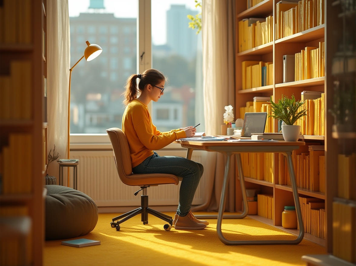 Prompt: Bright yellow study lamp, modern minimalist desk, comfortable cushioned chair, bookshelves filled with vibrant yellow-spined books, warm yellow carpet, natural light pouring through floor-to-ceiling windows, peaceful afternoon atmosphere, quiet solo student, reading with glasses perched on nose, wearing casual yellow sweater and jeans, surrounded by scattered papers and pens, wooden table with built-in USB ports, sleek metal legs, urban cityscape background outside, subtle softbox lighting.