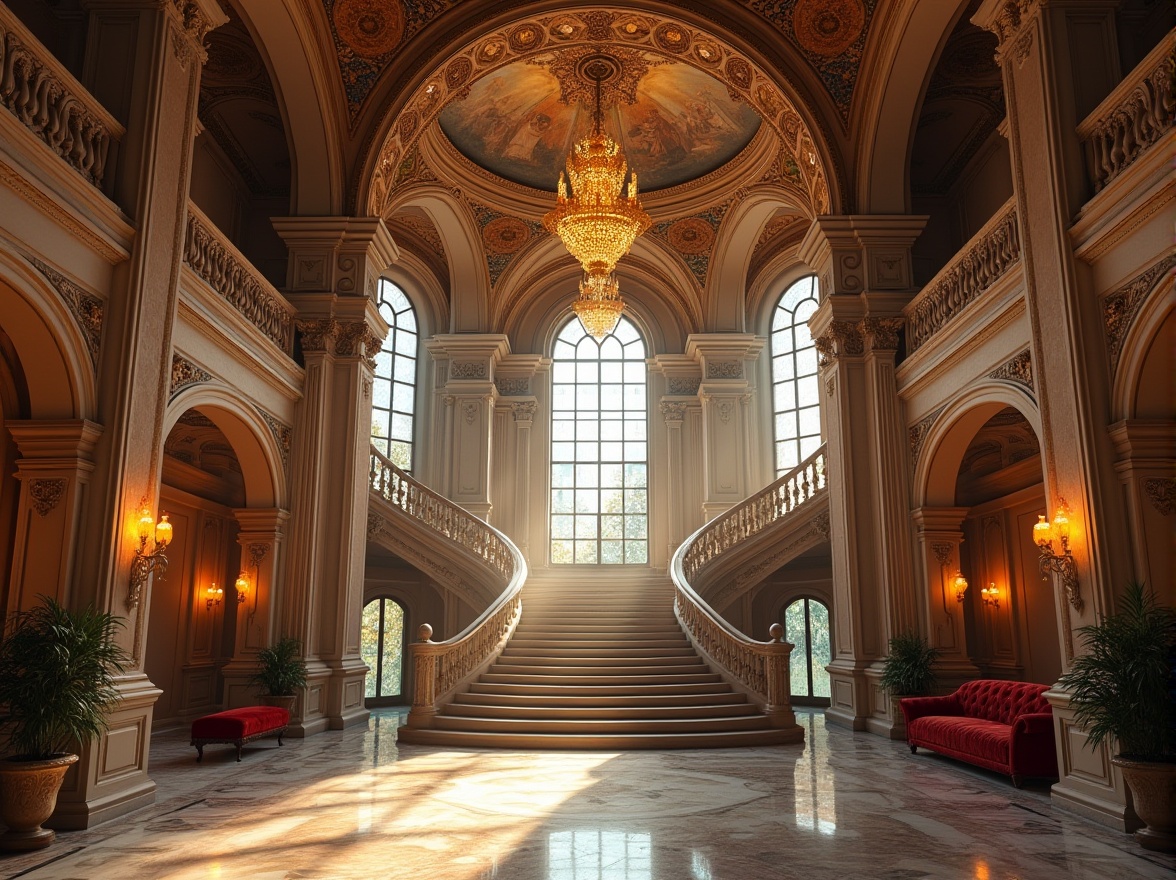 Prompt: Grandiose palace, Renaissance style, intricate stone carvings, ornate columns, majestic arches, stained glass windows, grand staircase, lavish chandeliers, marble floors, fresco ceilings, opulent furnishings, velvet drapes, golden accents, Baroque details, warm afternoon light, soft shadows, dramatic perspective, symmetrical composition, high contrast, cinematic mood.