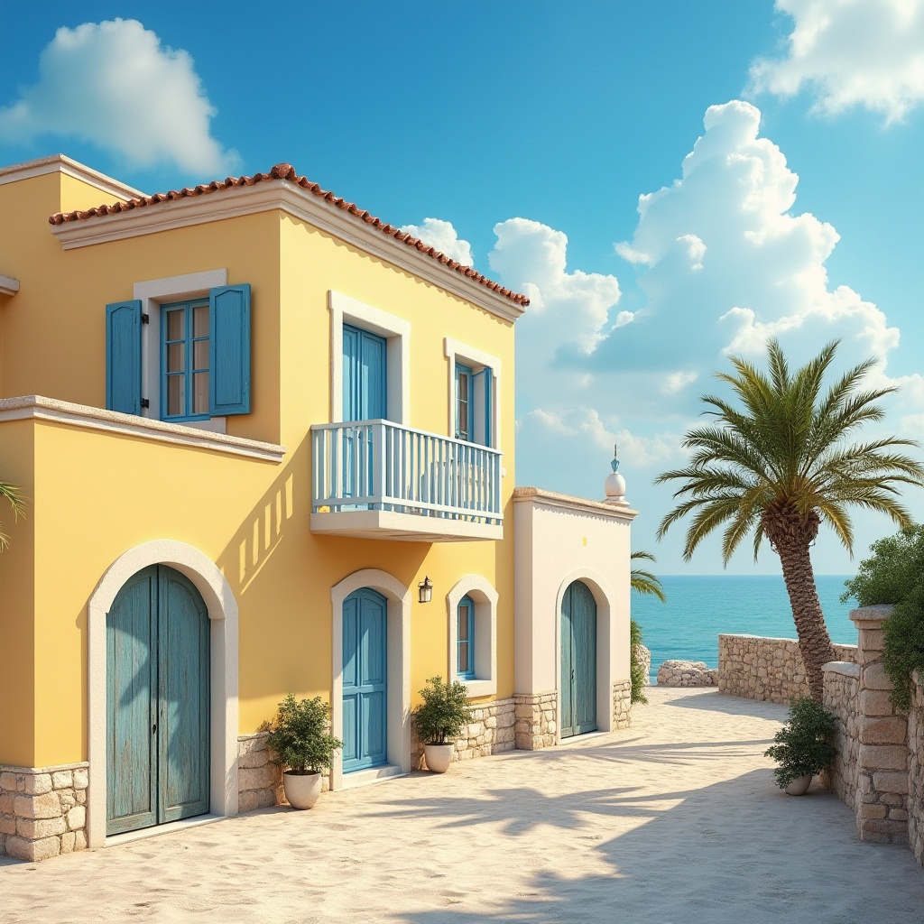 Prompt: Coastal architecture, light yellow walls, Mediterranean style, white windows, blue shutters, rustic wooden doors, sandy beach, palm trees, clear blue sky, fluffy white clouds, gentle sea breeze, sunny day, warm lighting, soft shadows, 3/4 composition, symmetrical balance, vibrant colors, textures of rough stone, smooth wood, and cool glass.