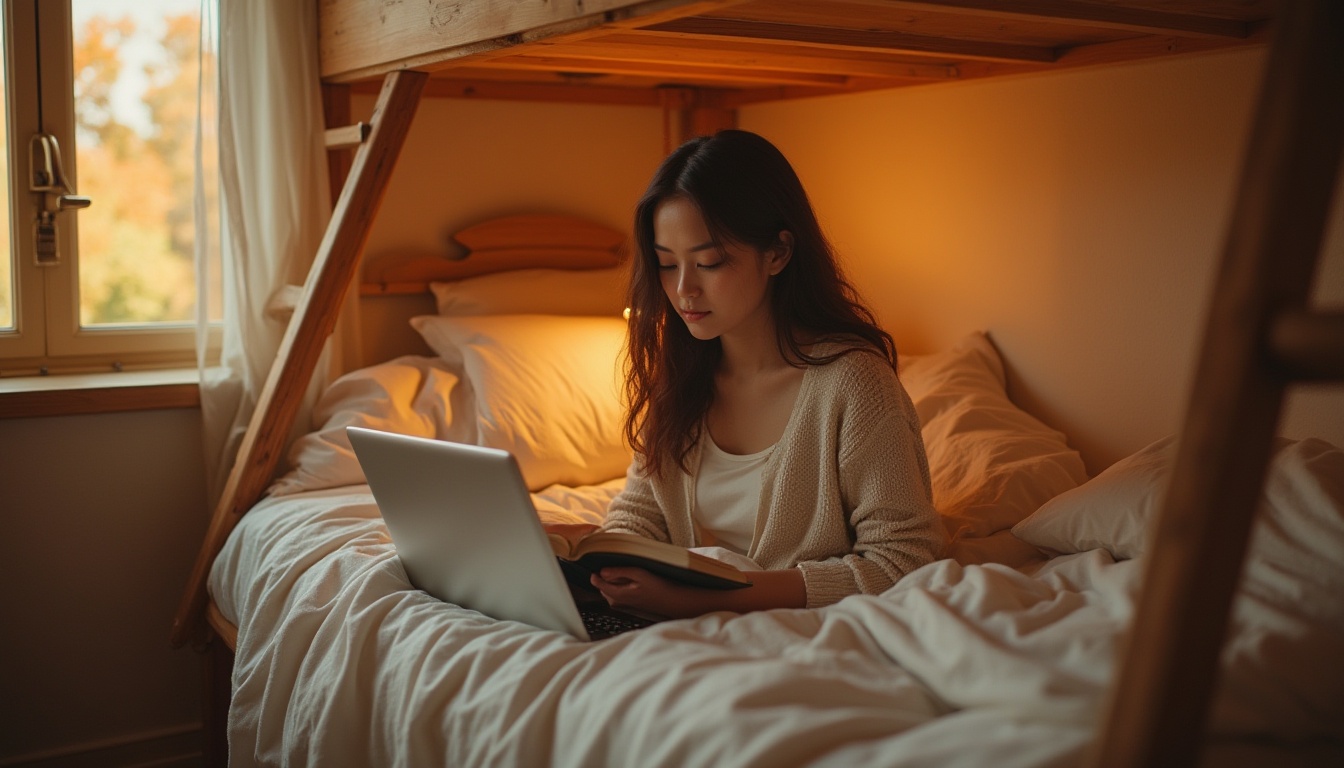 Prompt: Cozy dorm interior, warm amber color tone, wooden furniture, comfortable bedding, fluffy pillows, solo girl, 18yo, casual wear, soft hair, natural makeup, relaxed pose, reading book, laptop on lap, warm lighting, cozy atmosphere, autumn afternoon, gentle shadows, subtle texture, soft focus, shallow depth of field.