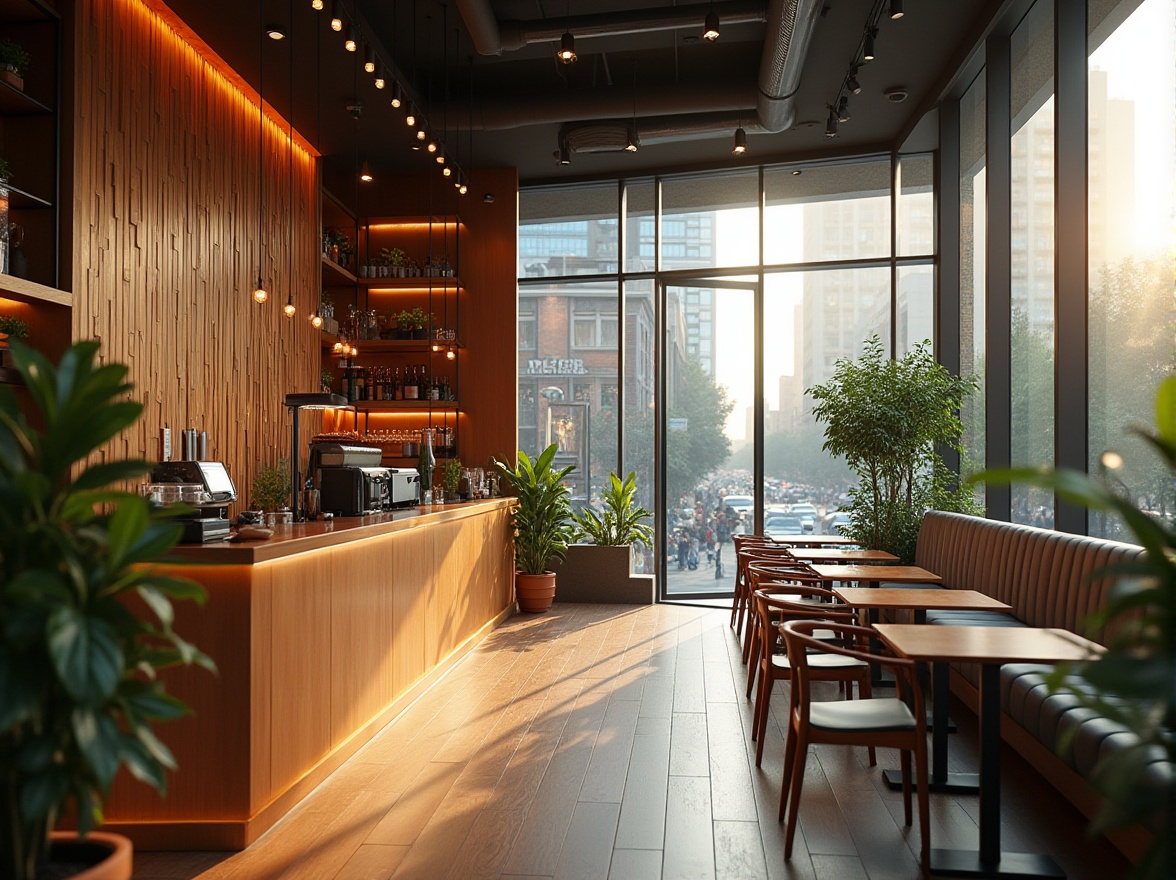 Prompt: Modern coffee shop interior, Fibreglass decorative wall panels, sleek and minimalist aesthetic, warm and inviting atmosphere, LED lighting, wooden floors, metal tables, comfortable couches, greenery, potted plants, natural light pouring through large windows, urban cityscape outside, busy streets, skyscrapers, morning sunlight, soft focus, shallow depth of field.