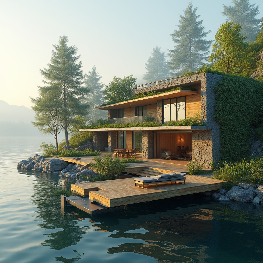 Prompt: Lakefront modern villa, sustainable practices, eco-friendly architecture, green roof, solar panels, large windows, minimal carbon footprint, wooden decks, recycling bins, compost area, vertical garden, living walls, natural stone exterior, waterfront location, serene lake view, surrounding trees, gentle slope, early morning mist, soft warm lighting, 3/4 composition, panoramic view.