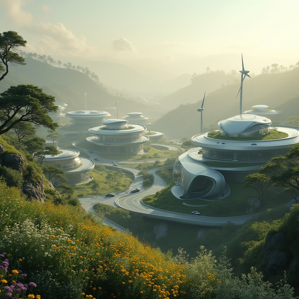 Prompt: Futuristic valley, innovative architecture, modern eco-friendly buildings, sustainable materials, curvaceous lines, gleaming metallic surfaces, transparent glass walls, lush green roofs, winding roads, electric cars, solar panels, wind turbines, blooming wildflowers, towering trees, misty atmosphere, soft golden lighting, panoramic view, 3/4 composition, depth of field, cinematic ambiance, vibrant colors, serene backdrop.