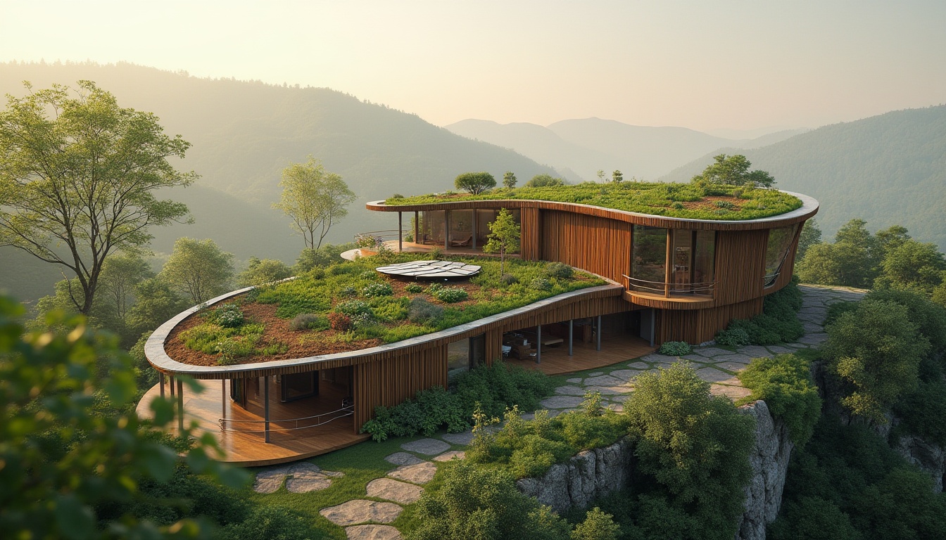 Prompt: Eco-friendly building, organic architecture, sustainable materials, green roof, solar panels, recycled wood, bamboo, living walls, vertical garden, natural stone, earthy tones, curved lines, futuristic design, minimal waste, zero carbon emission, peaceful atmosphere, serene ambiance, warm lighting, soft focus, cinematic composition, 3/4 view, natural landscape, rolling hills, misty morning.