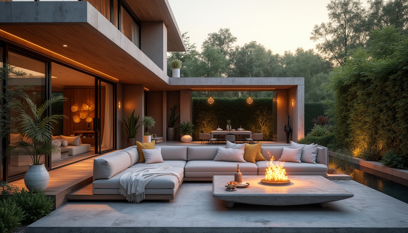 Prompt: Modern outdoor living space, luxurious villa, sleek lines, minimalist decor, floor-to-ceiling glass windows, sliding doors, spacious patio, wooden deck, sectional sofa, geometric-shaped planters, succulents and ferns, ambient string lights, warm tone lanterns, modern fire pit, stone flooring, greenery wall, natural wood accents, panoramic view, 3/4 composition, soft focus background, golden hour lighting.