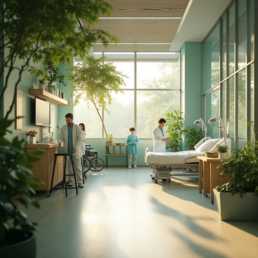 Prompt: Modern clinic, sustainable design, eco-friendly materials, natural light, large windows, green walls, recycling bins, energy-efficient equipment, minimal waste, recyclable furniture, bamboo flooring, LED lighting, airy atmosphere, calm ambiance, medical staff, doctors, nurses, patients, wheelchairs, hospital beds, medical equipment, plants, flowers, wooden accents, minimalist decor, organic textures, natural colors, soft focus, shallow depth of field, warm tone, morning light.