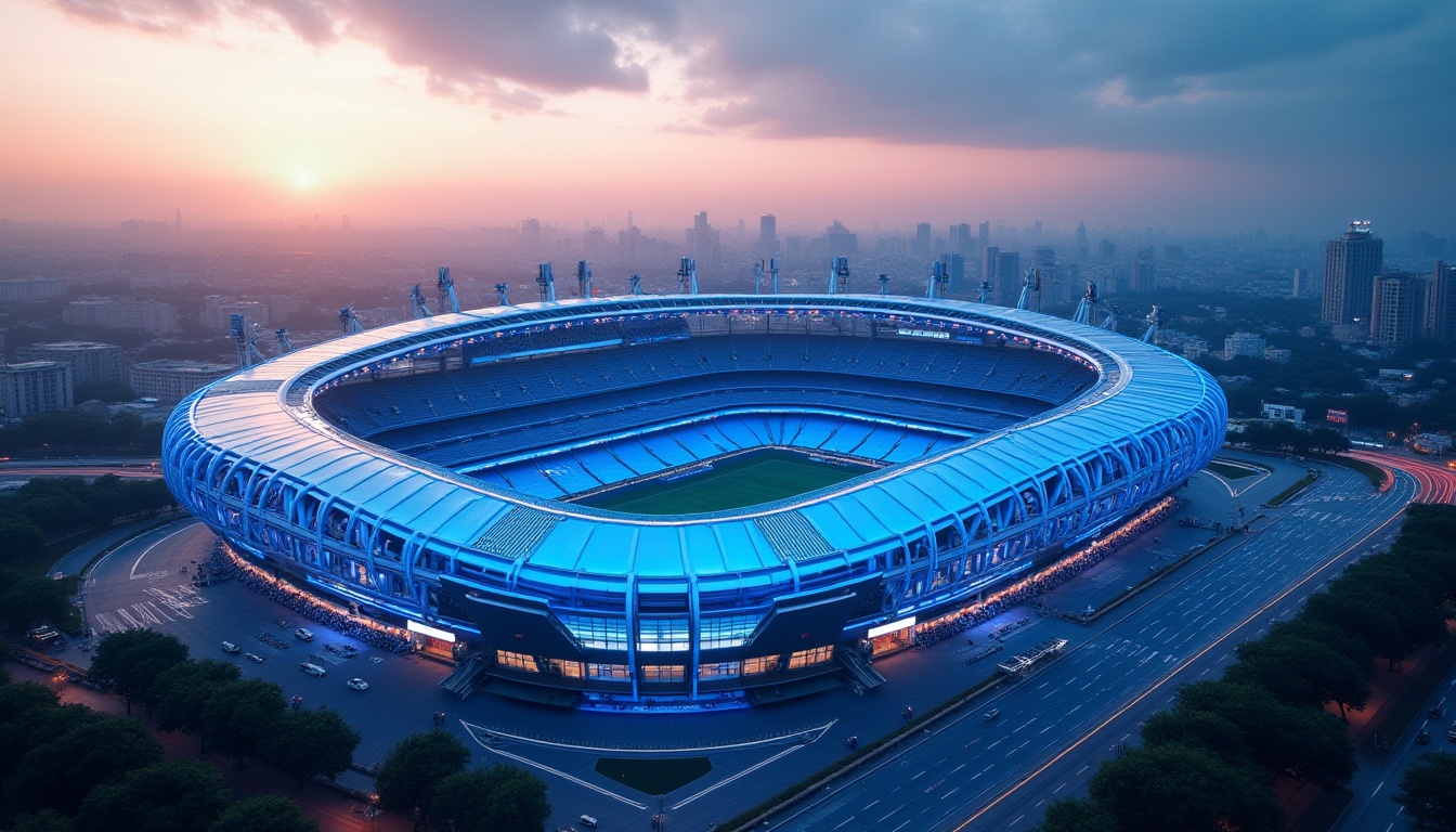 Prompt: Modern stadium, blue accents, sleek lines, steel structure, glass façade, curved roof, vibrant blue seats, LED lights, evening atmosphere, panoramic view, 3/4 composition, soft focus background, shallow depth of field, futuristic design, abstract shapes, dynamic curves, urban landscape, cityscape, bustling streets, sunset glow, warm ambient lighting.