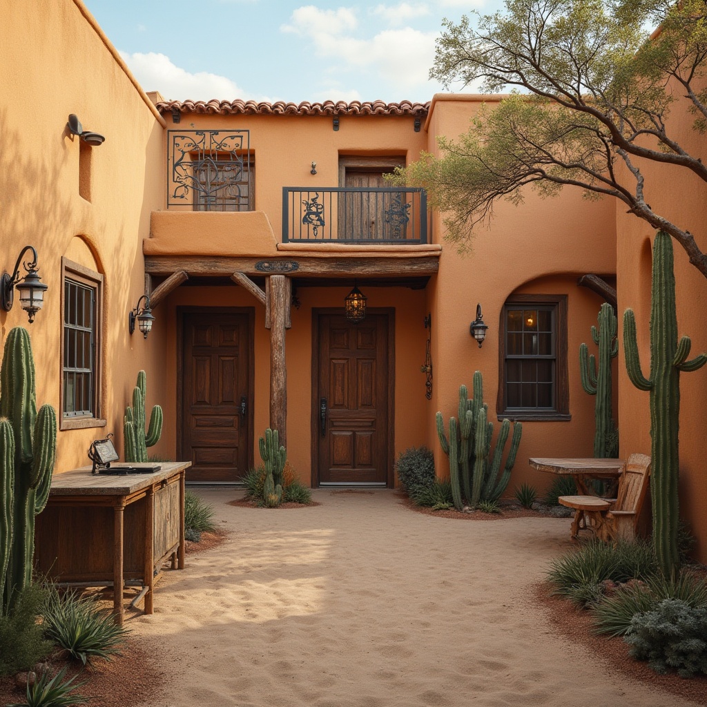 Prompt: Southwestern clinic building, adobe-style architecture, earthy tone, rustic wooden doors, stucco walls, terracotta roof tiles, ornate metal railings, cacti gardens, succulent plants, desert flora, sandy courtyard, natural stone pathways, vintage medical equipment, distressed wood furniture, warm sunset lighting, soft shadows, cinematic composition, 3/4 angle view.