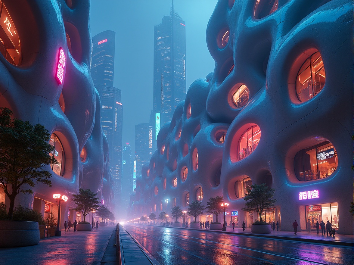 Prompt: Unique blob-like buildings, futuristic architecture, irregular shapes, smooth curves, neon lights, glowing accents, iridescent materials, reflective surfaces, sci-fi atmosphere, metropolitan cityscape, bustling streets, vibrant nightlife, abstract composition, low-angle shot, cinematic lighting, 3/4 frame, urban jungle, avant-garde design, space-age feel.