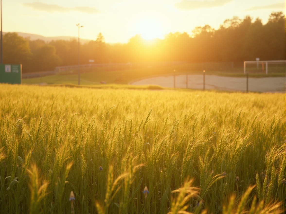 Prompt: Wheat color palette, sports fields, sunny afternoon, lush green grass, soft golden light, gentle breeze, subtle shadows, warm atmosphere, horizontal composition, shallow depth of field, vibrant natural colors, earthy tones, beige, sienna, oatmeal, sandy dunes, rustic wooden fences, metal goalposts, scattered wildflowers, serene landscape, peaceful ambiance, natural textures, soft focus, cinematic lighting.