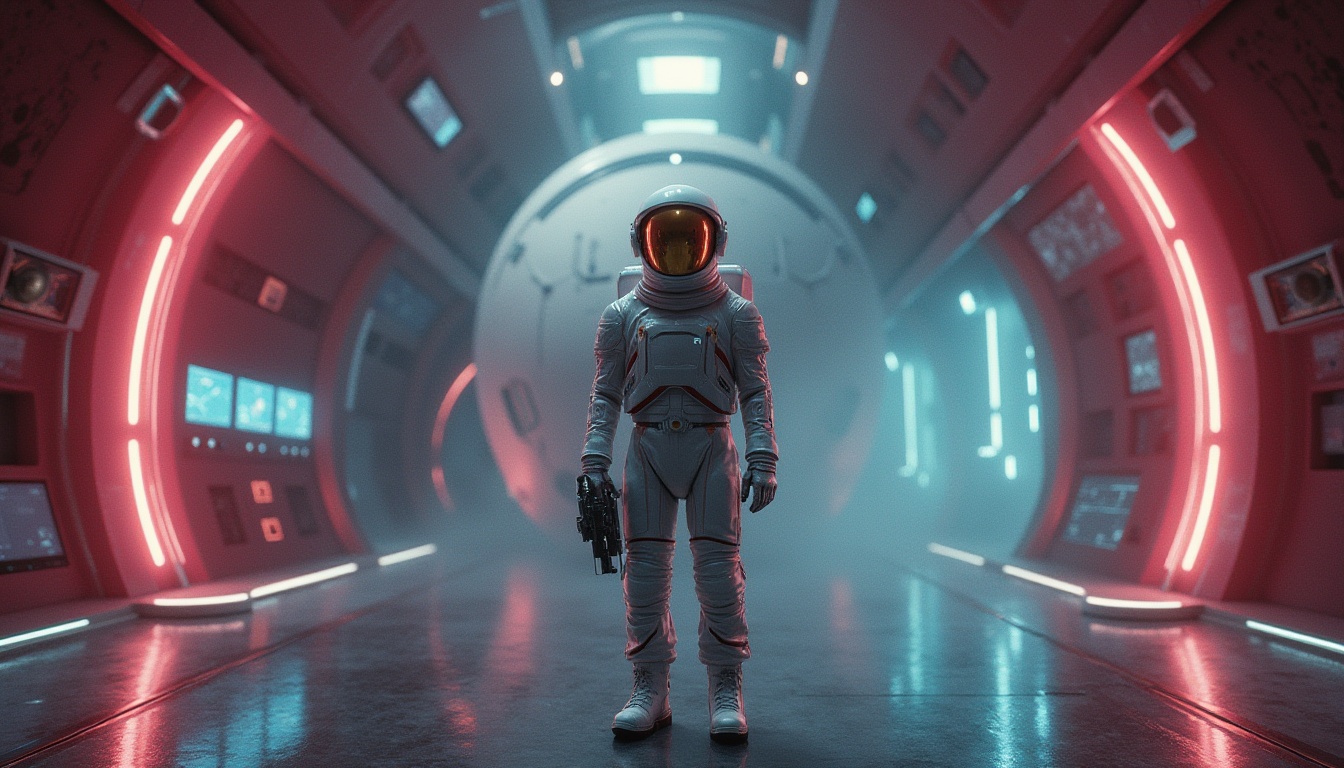 Prompt: Futuristic, high-tech laboratory, maroon accent walls, neon lights, metallic floors, holographic screens, sleek lines, minimalist decor, sci-fi atmosphere, 3/4 composition, low-key lighting, cinematic mood, distant galaxy background, space exploration theme, astronaut in a white spacesuit, helmet with gold visor, maroon stripes on the sleeve, holding a futuristic gadget, standing in front of a massive cylindrical container, misty ambiance, HDR.