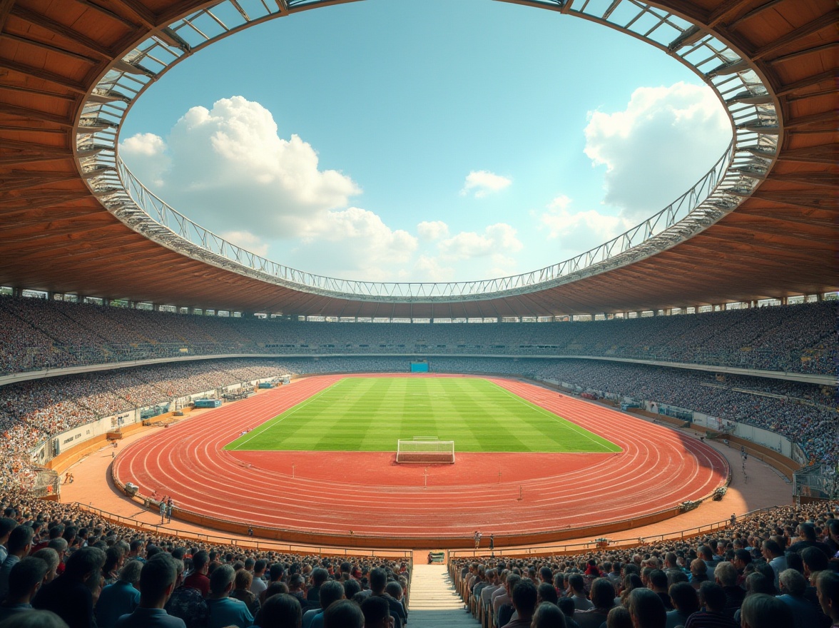 Prompt: Stadium design, brown color scheme, earthy tone, concrete structure, wooden accents, natural light, daytime, sunny sky, few white clouds, green grass field, athletic tracks, sports equipment, crowd seating area, vibrant atmosphere, dynamic angle, low-angle shot, warm lighting effect.