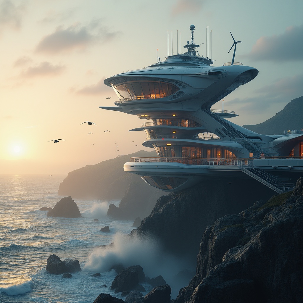 Prompt: Futuristic coastal watching tower, modern sleek design, curved lines, metallic materials, LED lights, surveillance cameras, radar systems, wind turbines, solar panels, observation decks, binoculars, telescopes, futuristic interior, control rooms, command centers, 3D holographic displays, virtual reality interfaces, ocean views, cliffs, rocky shores, seagulls flying overhead, misty atmosphere, sunset lighting, dramatic waves crashing against the shore, cinematic composition, wide-angle lens.