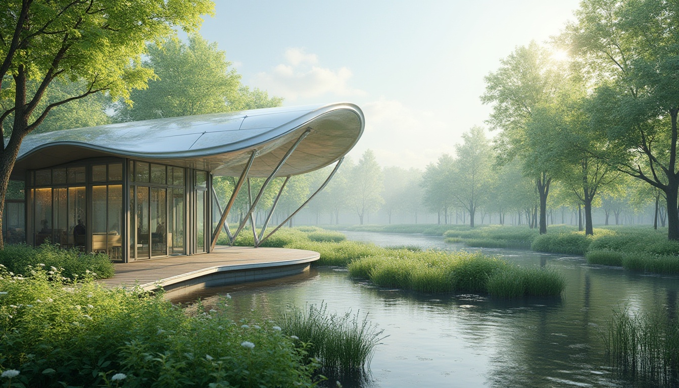 Prompt: Wetland scene, modern architecture, polycarbonate material, translucent roof, sleek curves, silver metal frame, lush green vegetation, water features, wooden walkway, natural light filtering, soft misty atmosphere, 3/4 composition, shallow depth of field, realistic texture, vibrant colors, ambient occlusion, morning dew, subtle reflection on water surface.