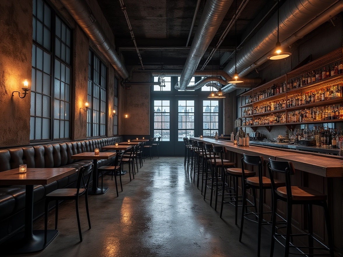 Prompt: Industrial bar interior, Galvanized steel structure, modern constructivism design, metallic luster, exposed pipes, reclaimed wood accents, urban loft atmosphere, dimmed industrial lighting, concrete floor, minimal decor, masculine ambiance, strong geometric shapes, brutalist architecture, functional simplicity, monochromatic color scheme, distressed metal finish, abstract artwork, urban cityscape view, rainy night, cinematic composition, high contrast, dramatic shadows.