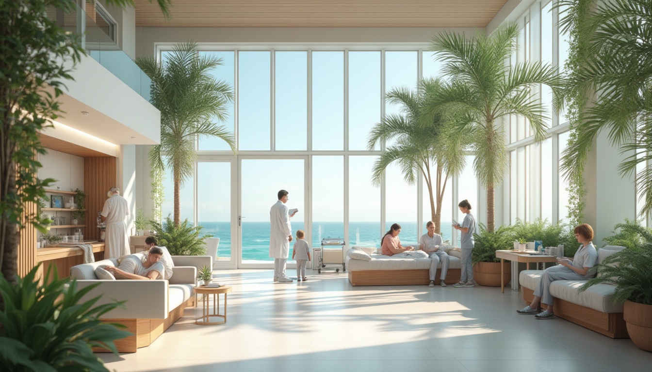 Prompt: Coastal themed healthcare center, modern architecture, large windows, natural light, calming ocean views, soothing sound of waves, lush greenery, palm trees, beach-inspired furniture, comfortable waiting area, peaceful ambiance, medical equipment, doctors and nurses in scrubs, patients relaxing, soft pastel colors, minimalist decor, wooden accents, natural textures, airy atmosphere, warm lighting, 3/4 composition, shallow depth of field, subtle focus on medical staff.