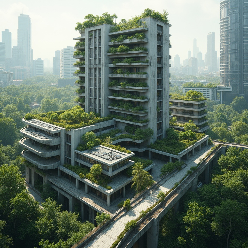 Prompt: Brutalist skyscraper, sustainability, modern architecture, urban jungle, green roofs, solar panels, recycled materials, steel beams, concrete walls, angular shapes, geometric patterns, lush greenery, vertical gardens, cityscape, metropolis, futuristic, eco-friendly, natural light, open spaces, minimalist decor, industrial chic, urban oasis, 3/4 composition, low-angle shot, dramatic lighting, high-contrast tone.