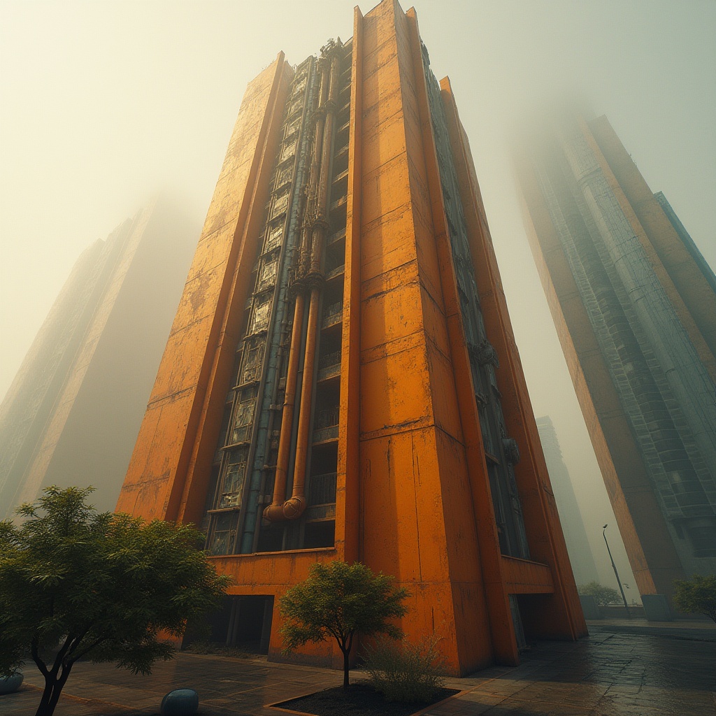 Prompt: Brutalist skyscraper, Tangerine Dream color scheme, geometric shapes, rugged concrete texture, angular lines, urban cityscape, foggy morning atmosphere, dramatic backlighting, low-angle shot, 3/4 composition, warm orange-yellow hues, industrial pipes, metallic accents, abstract modern art installations, glass and steel materials, futuristic vibes, high-rise architecture, metropolitan landscape.