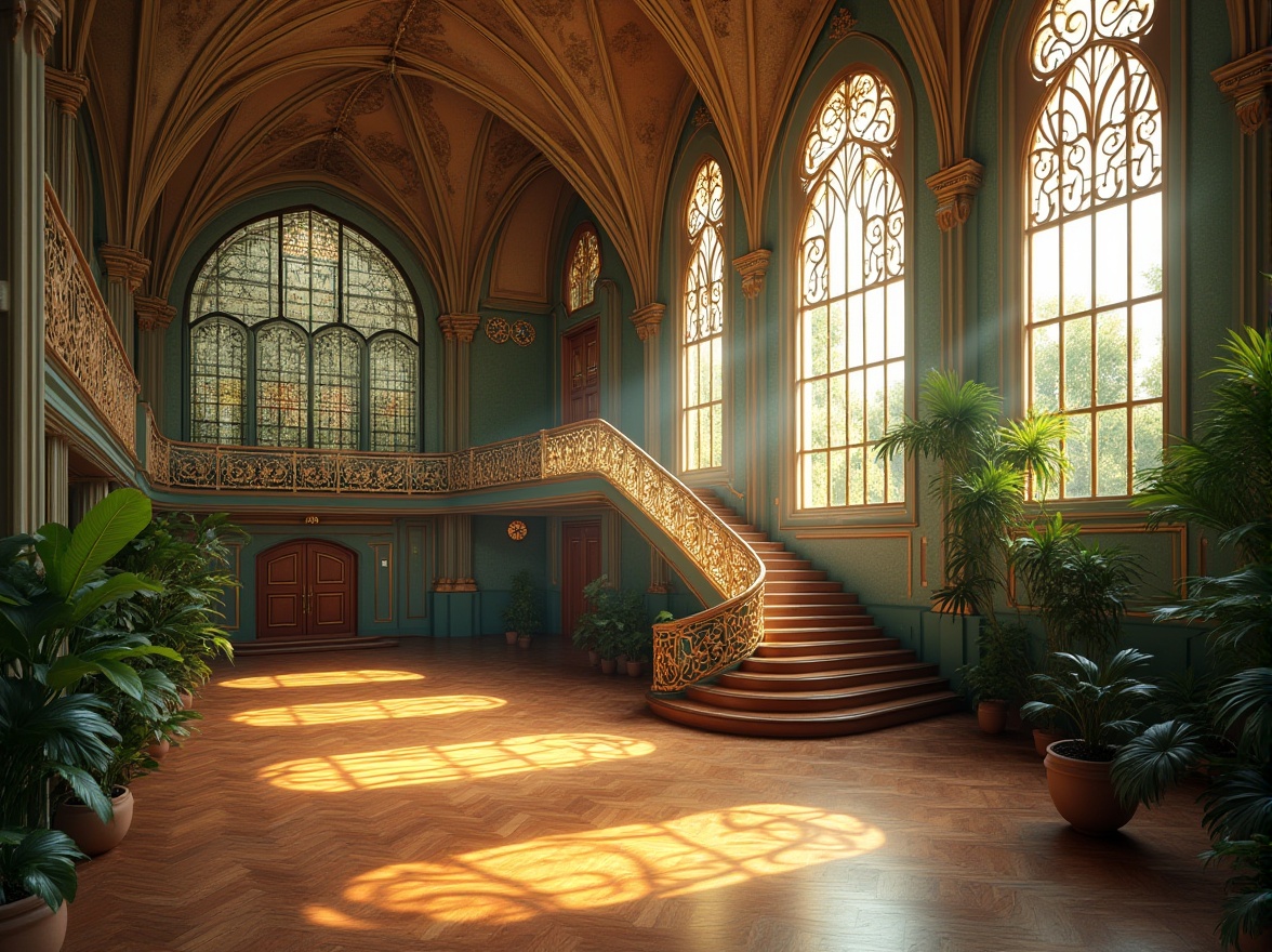 Prompt: Art Nouveau style, gymnasium interior, ornate ironwork, flowing curves, organic forms, elegant lines, luxurious atmosphere, polished wooden floors, intricate mosaic walls, stained glass windows, grand staircase, dramatic archways, lush greenery, natural light pouring in, warm ambiance, 3/4 composition, symmetrical balance, soft focus, shallow depth of field, vintage color palette.