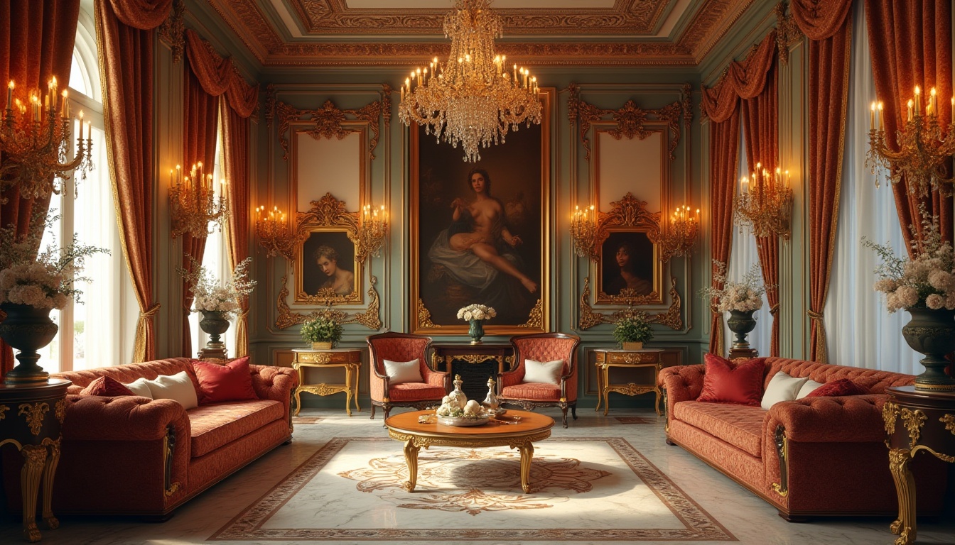 Prompt: Classic interior, luxurious decorations, ornate frames, golden vases, crystal chandeliers, marble floors, velvet drapes, intricate patterns, rich fabrics, Victorian-era inspired furniture, carved wooden tables, plush sofas, Renaissance-style paintings, soft warm lighting, 3/4 composition, shallow depth of field, elegant atmosphere, high-contrast colors.