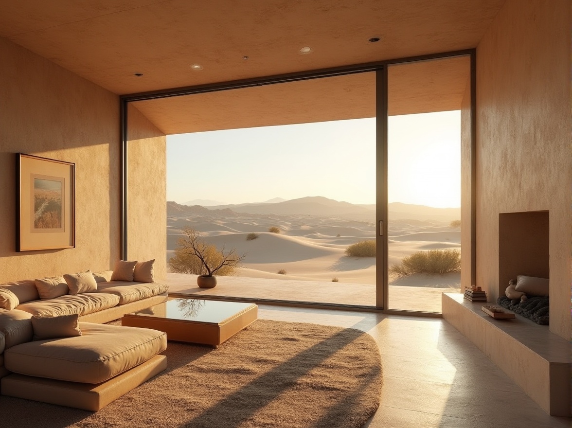 Prompt: desert landscape, sandy dunes, modern villa, luxurious interior, incorporating sand-casted materials, rough textured walls, natural beige color, minimalist decor, sleek lines, glass coffee table, low-seated sofa, abstract art piece, floor-to-ceiling windows, panoramic view, warm afternoon light, soft shadows, 3/4 composition, cinematic ambiance.