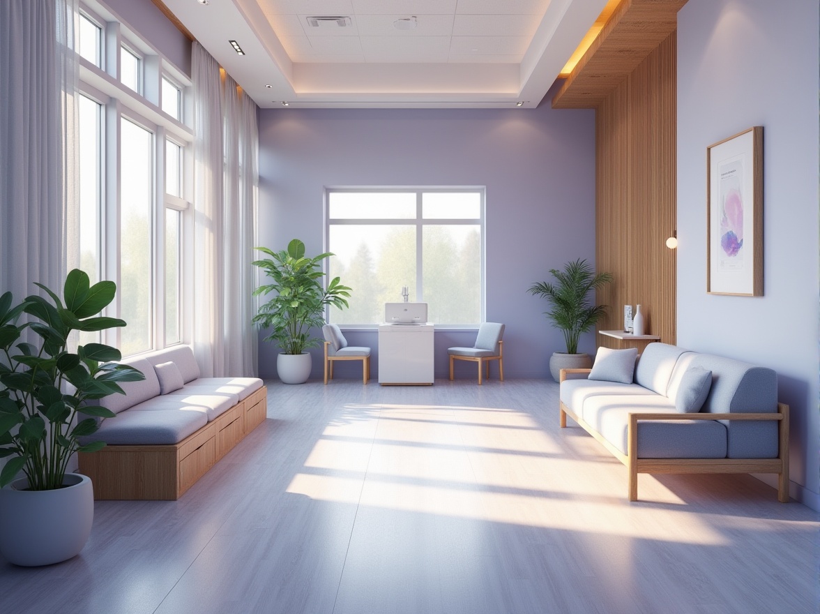 Prompt: Calming healthcare interior, incorporating lavender blue color scheme, serene atmosphere, soft natural light, minimal modern furniture, gentle curves, soothing ambiance, comfortable seating area, lush green plants, wooden accents, elegant nurse station, subtle texture on walls, peaceful waiting area, calming art pieces, warm lighting, 3/4 composition, shallow depth of field, realistic rendering.