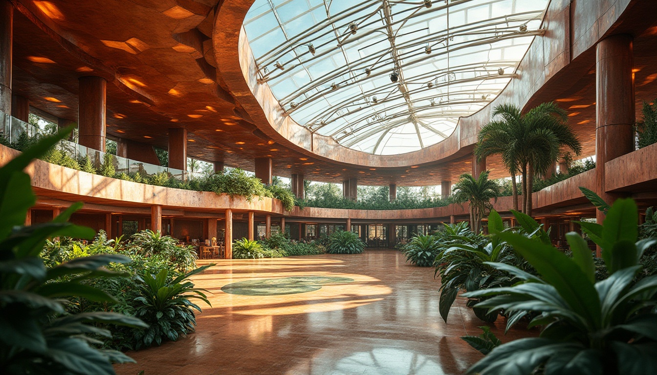 Prompt: Savanna stadium, modern architecture, copper accents, intricate metalwork, oxidized copper exterior, sleek lines, futuristic design, large glass panels, transparent roof, natural light, airy interior, lush greenery, tropical plants, African patterns, vibrant colors, dynamic atmosphere, daytime, warm lighting, shallow depth of field, 3/4 composition, symmetrical framing.