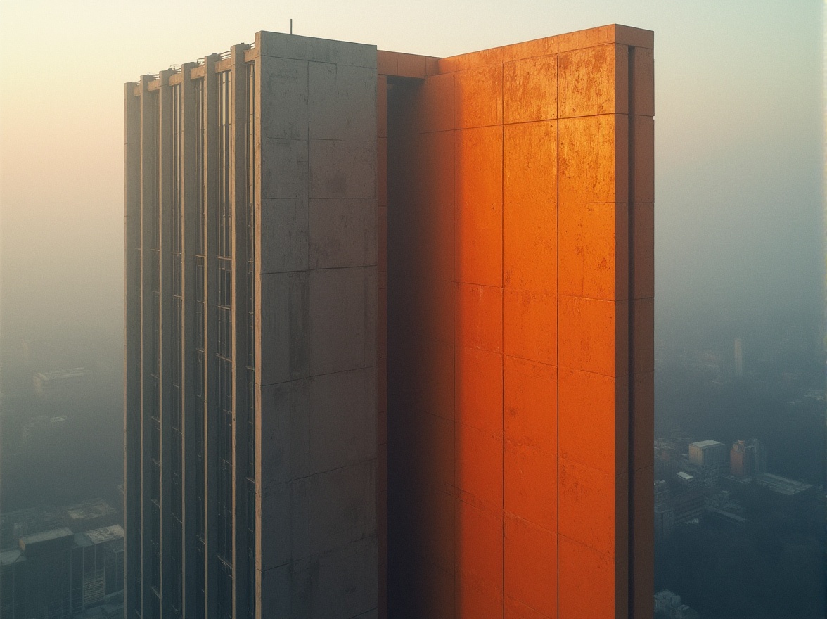 Prompt: Brutalist skyscraper, tangerine orange accent wall, geometric concrete structure, urban cityscape, foggy morning atmosphere, warm lighting, dramatic shadows, angular lines, industrial materials, metallic tones, minimalist windows, bold architectural design, vibrant color pop, abstract composition, high-angle shot, cinematic mood, gritty texture.