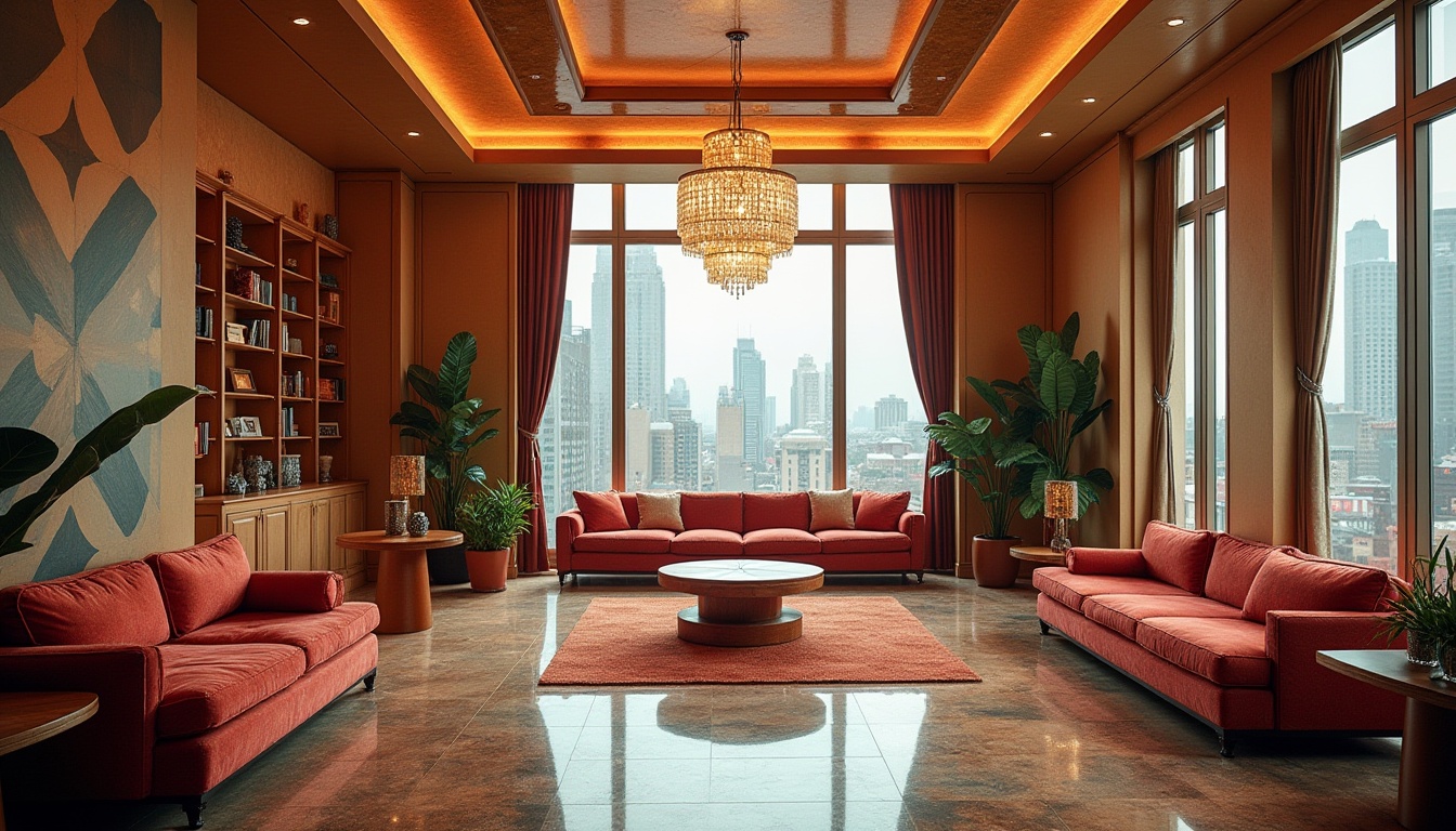 Prompt: Art Deco hostel, luxurious atmosphere, vibrant colors, geometric patterns, ornate furniture, spacious communal area, grand chandelier, sleek lines, minimalist decor, functional storage, compact beds, cozy nooks, floor-to-ceiling windows, natural light, urban cityscape view, bustling streets, modern amenities, retro flair, metallic accents, bold typography, lavish textiles.