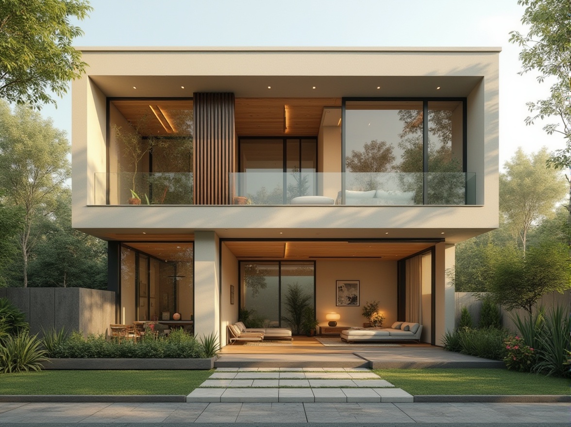 Prompt: Modern housing design, exterior wall featuring Celadon color, sleek minimalist architecture, clean lines, large windows, natural light, indoor plants, modern furniture, wooden flooring, abstract art on walls, calm atmosphere, soft morning sunlight, 3/4 composition, shallow depth of field, warm beige tone, gentle shadow, luxurious feeling, residential area, suburban neighborhood, greenery surroundings, trees, blooming flowers, peaceful environment.