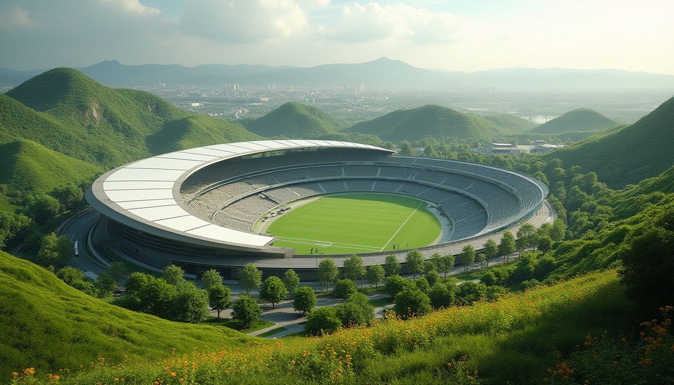 Prompt: Stadium landscape, green hills, curved lines, modern architecture, sports stadium, natural scenery blending with urban structure, vast open space, sunken arena, stepped seating, lush greenery, vibrant flowers, walking path, surrounding buildings, dynamic shape, futuristic feel, warm lighting, panoramic view, 3/4 composition.